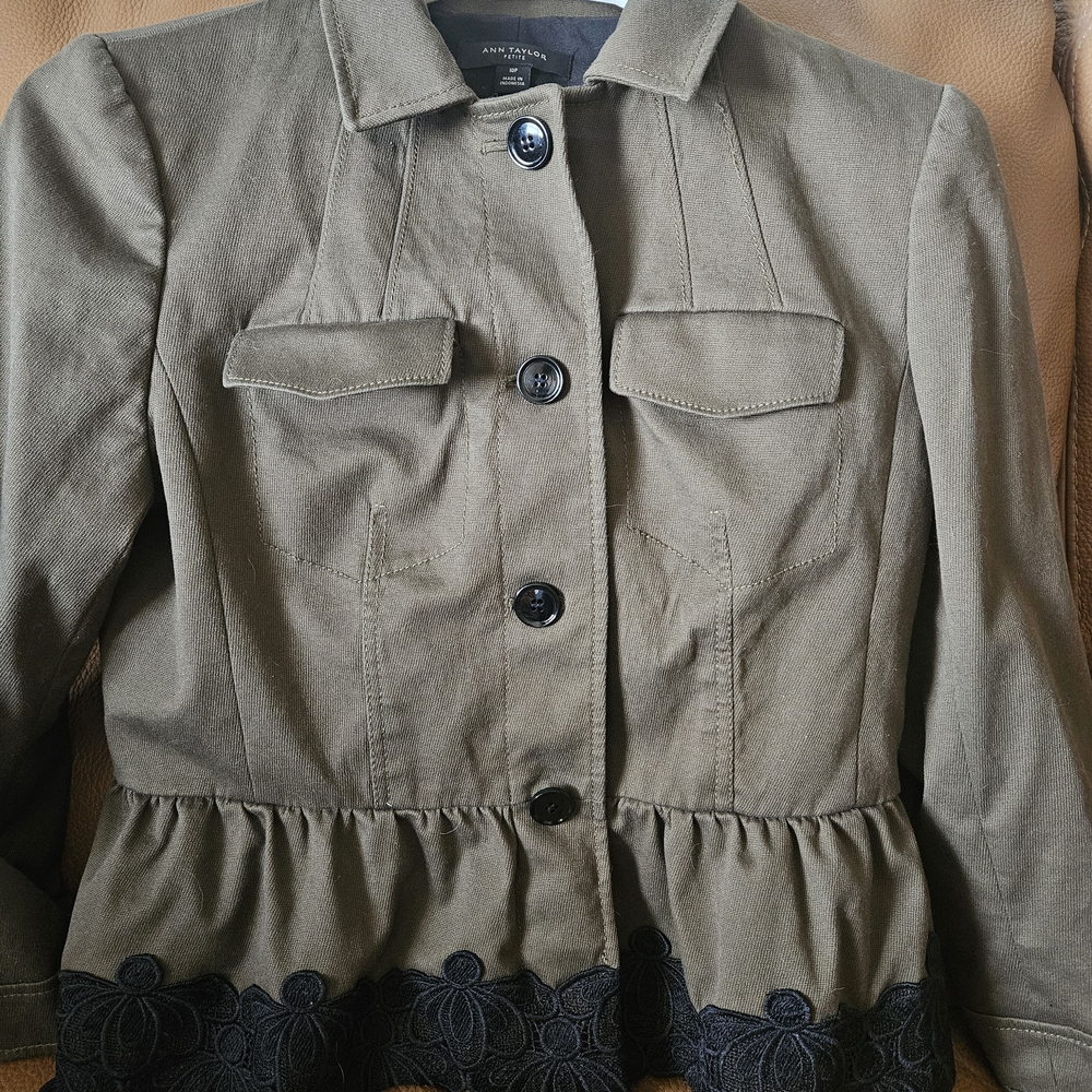 Peplum Style Women's Olive Jacket with Black Lace Trim
